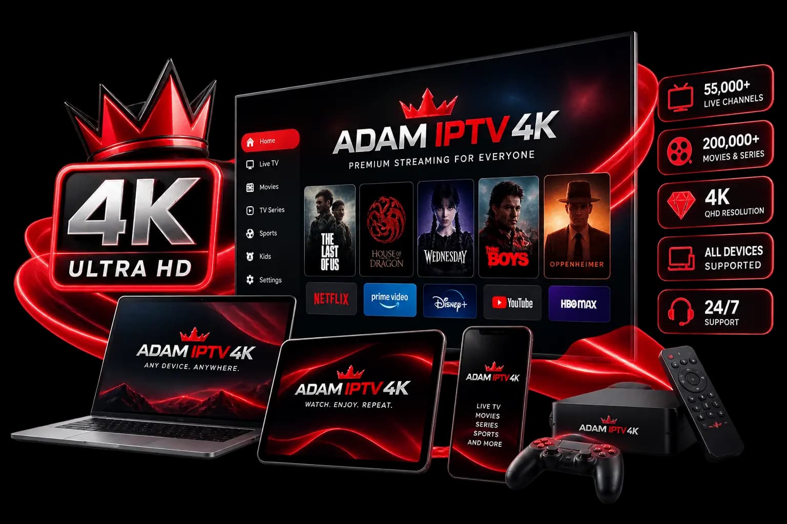 Adam IPTV 4K streaming interface shown across a Smart TV, laptop, tablet, phone and streaming box, with a 4K Ultra HD badge and live channel, movie and device feature highlights